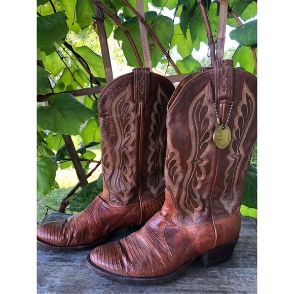 Tony Lama Lizard Skin Leather Cowboy Boots Men's Brown Leather 9 E Made in USA